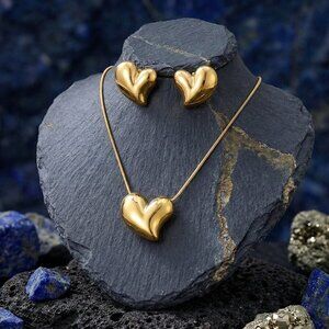 18K Gold Plated 3D Puffy Heart Necklace Earring Set Chunky Coquette Gold 19.5"
